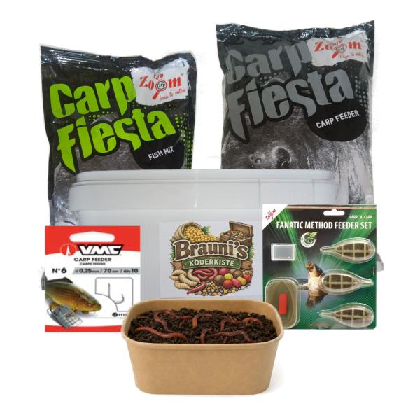 Carp Fiesta Method Feeder Komplettset – 4kg Grundfutter, Method Feederkorb Set, Dendrobena Würmer, Feederhaken & 10L Eimer